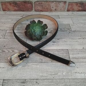 Tulliani Black Leather Belt with Silver and Gold Buckle 1997